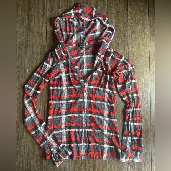 Orange and Gray Plaid Hooded Shirt - Picture 1 of 4